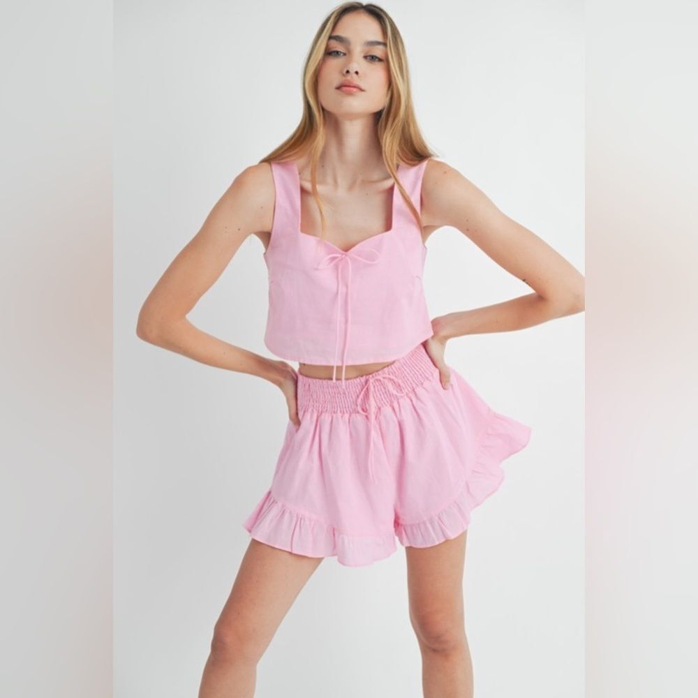 Pink Sleeveless Top and Ruffle Shorts Set